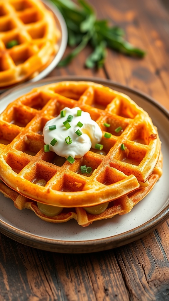 Crispy potato waffle topped with sour cream and chives on a rustic plate.